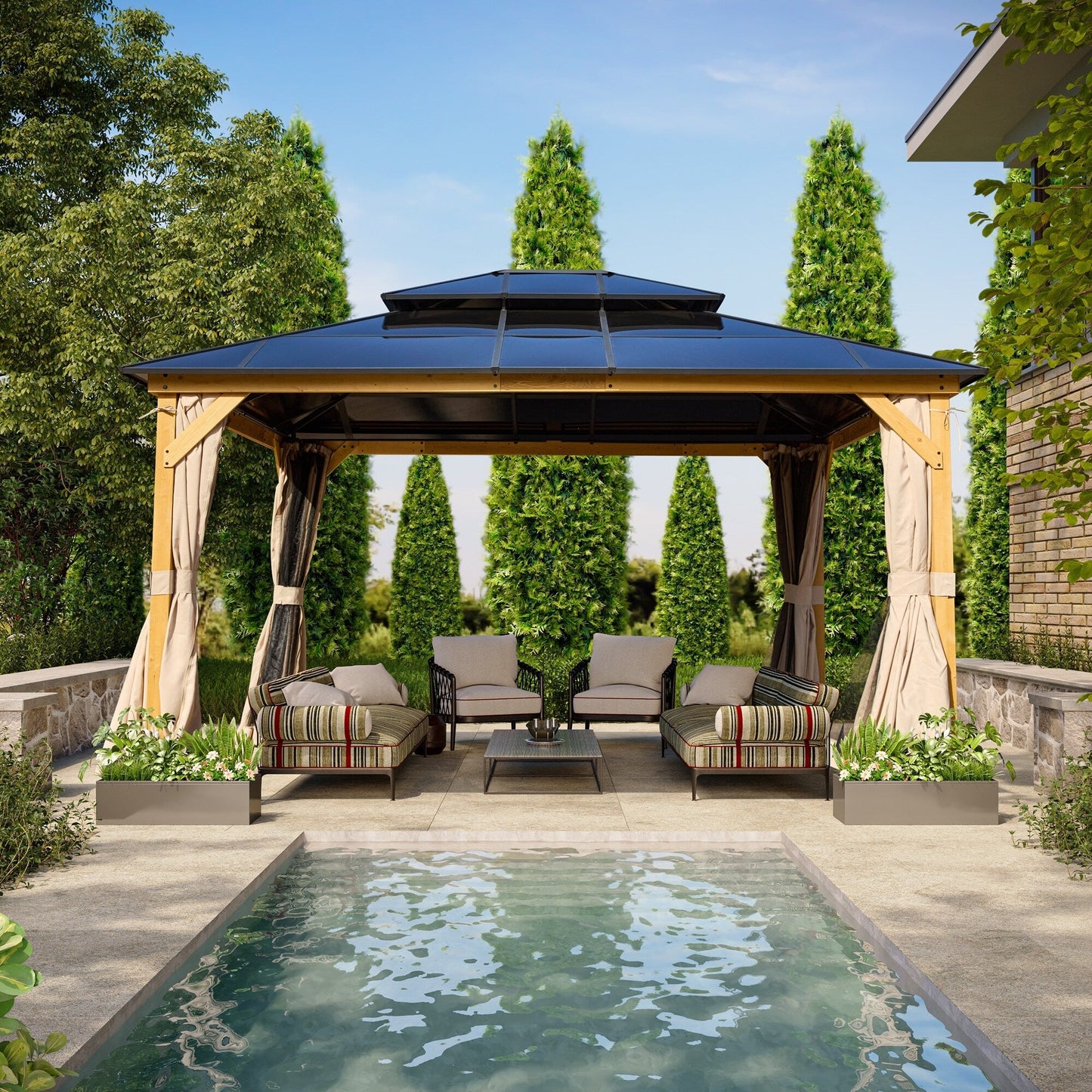 EROMMY Gazebo à toit rigide, Pergola d'extérieur avec double toit, moustiquaire et rideaux, auvent robuste pour patio, jardin, fête à la piscine