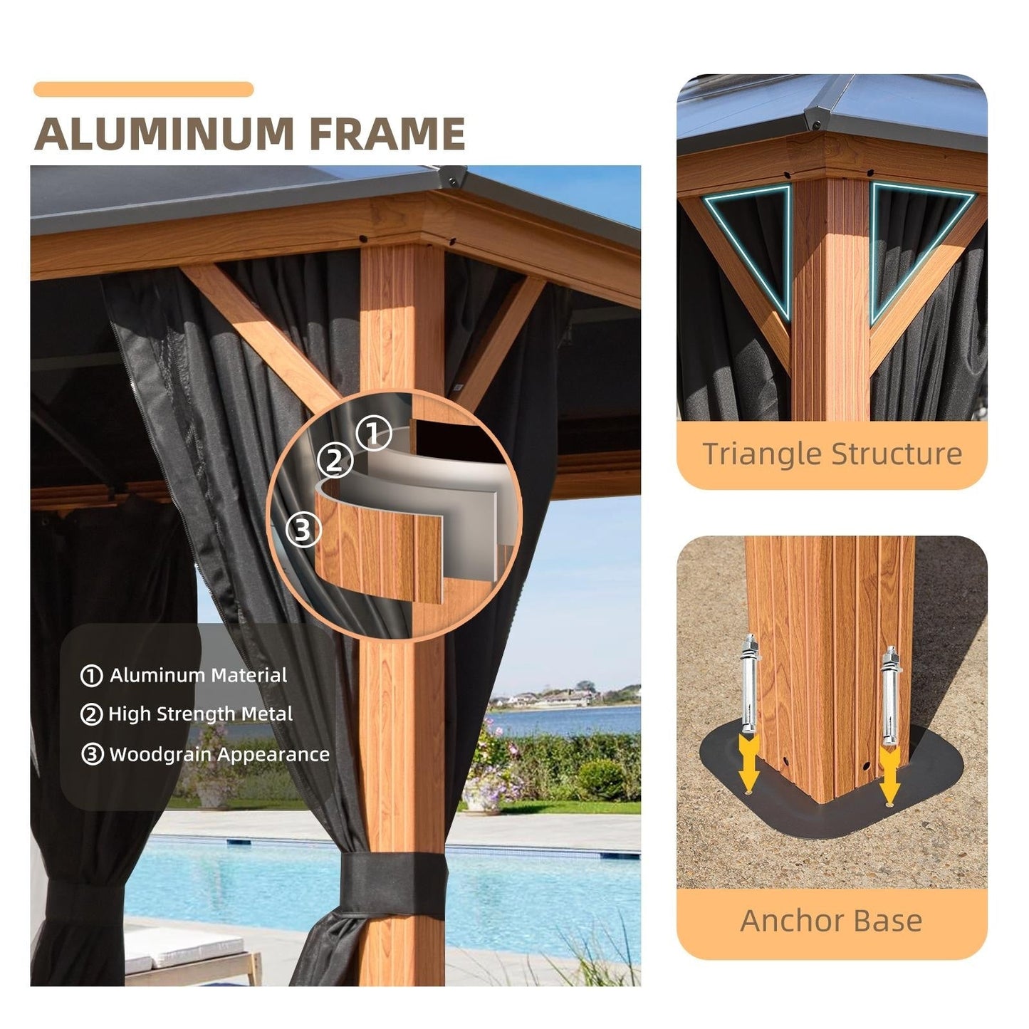 EROMMY Gazebo à toit rigide, Pergola d'extérieur avec double toit, moustiquaire et rideaux, auvent robuste pour patio, jardin, fête à la piscine