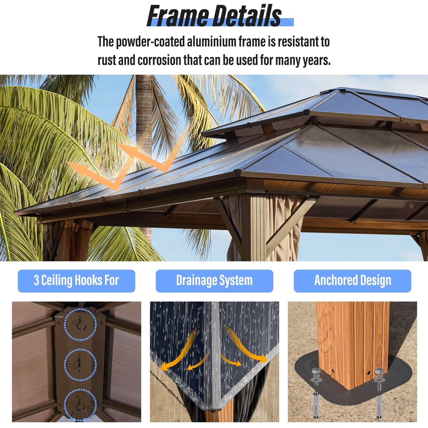 EROMMY Gazebo à toit rigide, Pergola d'extérieur avec double toit, moustiquaire et rideaux, auvent robuste pour patio, jardin, fête à la piscine