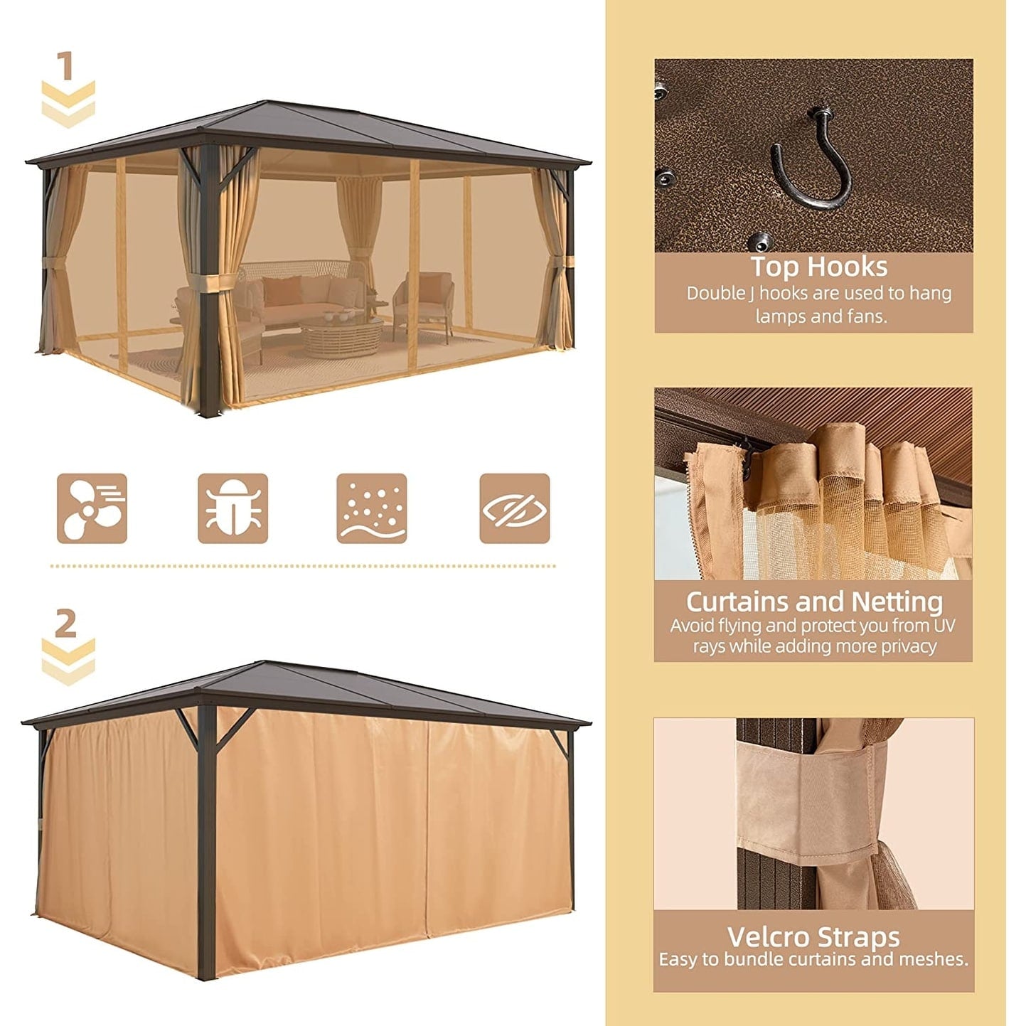 EROMMY Gazebo à toit rigide, Pergola d'extérieur avec double toit, moustiquaire et rideaux, auvent robuste pour patio, jardin, fête à la piscine