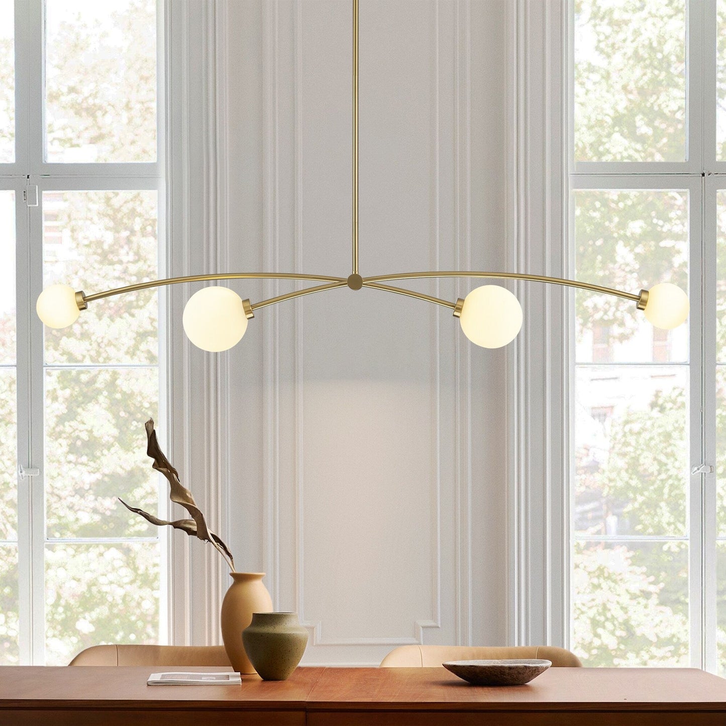 Suspension moderne linéaire à 4 lumières, style Sputnik, couleur or, pour îlot de cuisine/salle à manger - 130,5 cm L x 28 cm P x 15 cm H