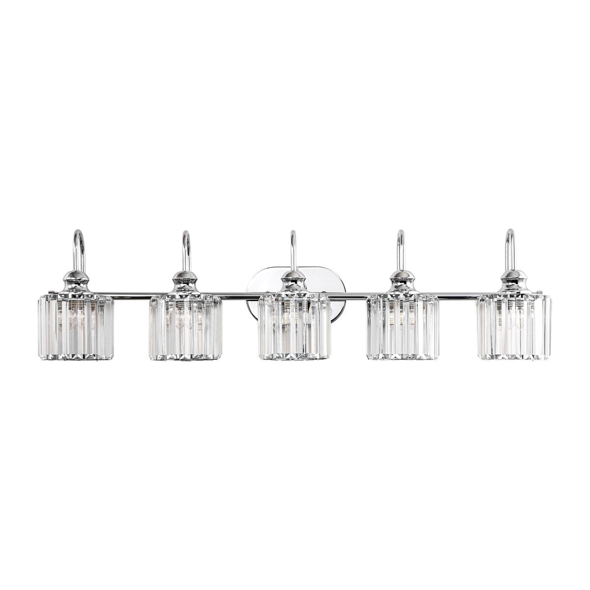 Éclairage de salle de bain linéaire à 5 lumières, style glamour, à intensité variable, avec abat-jour en cristal cylindrique.