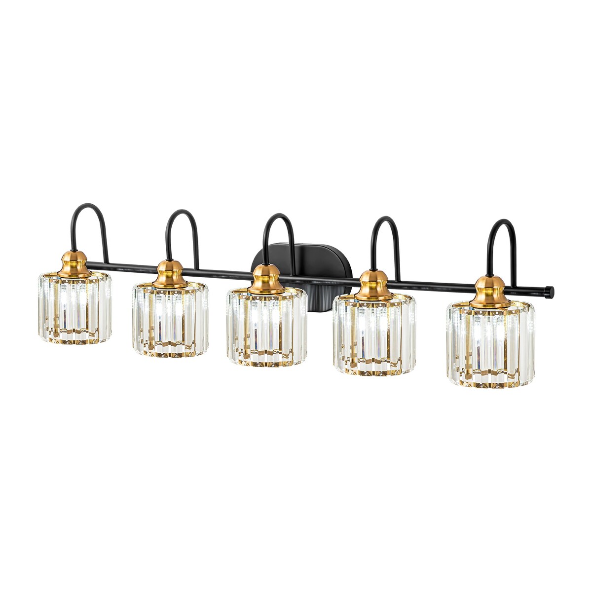 Éclairage de salle de bain linéaire à 5 lumières, style glamour, à intensité variable, avec abat-jour en cristal cylindrique.
