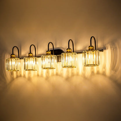 Éclairage de salle de bain linéaire à 5 lumières, style glamour, à intensité variable, avec abat-jour en cristal cylindrique.