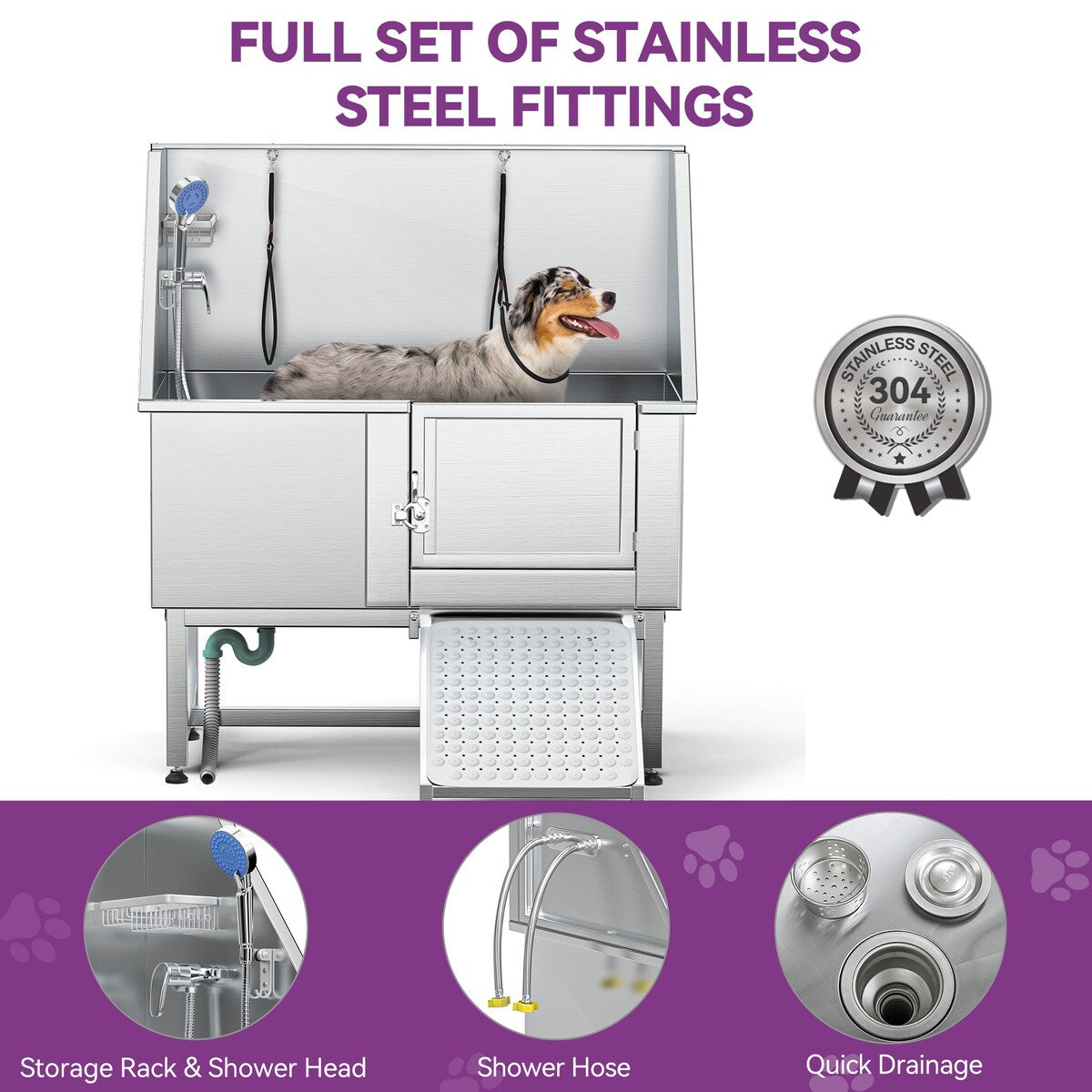 Baignoire de toilettage pour animaux de compagnie en acier inoxydable de 127 cm de large, réglable, avec rampe - Argent