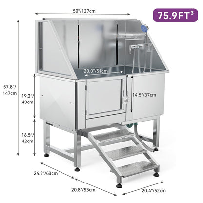 Baignoire de toilettage pour animaux de compagnie en acier inoxydable de 127 cm de large, réglable, avec rampe d'accès.