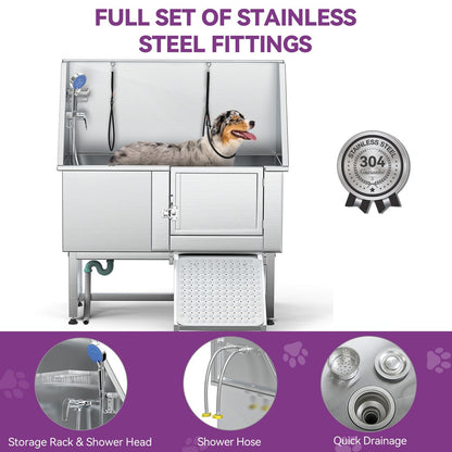 Baignoire de toilettage pour animaux de compagnie en acier inoxydable de 127 cm de large, réglable, avec rampe d'accès.