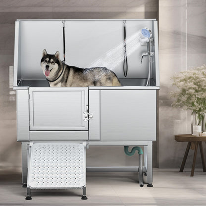 Baignoire de toilettage pour animaux de compagnie en acier inoxydable de 127 cm de large, réglable, avec rampe d'accès.