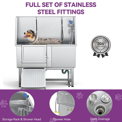 Baignoire de toilettage pour animaux de compagnie en acier inoxydable de 127 cm de large, réglable, avec rampe d'accès.