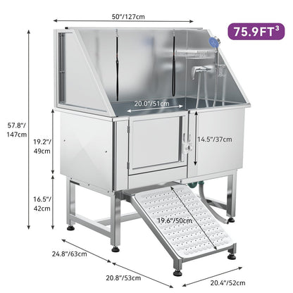 Baignoire de toilettage pour animaux de compagnie en acier inoxydable de 127 cm de large, réglable, avec rampe d'accès.