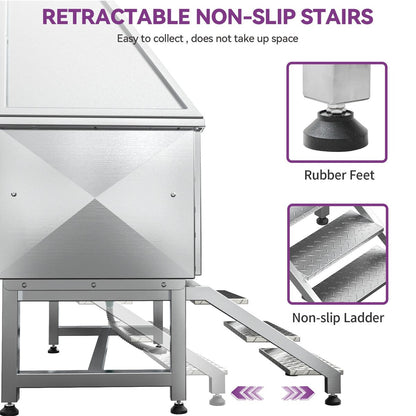 Baignoire de toilettage pour animaux de compagnie en acier inoxydable de 127 cm de large, réglable, avec rampe d'accès.