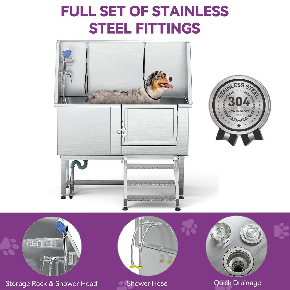 Baignoire de toilettage pour animaux de compagnie en acier inoxydable de 127 cm de large, réglable, avec rampe d'accès.