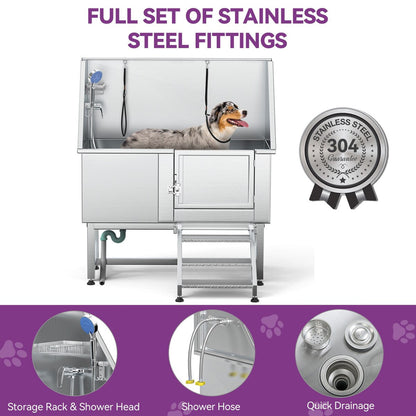 Baignoire de toilettage pour animaux de compagnie en acier inoxydable de 127 cm de large, réglable, avec rampe d'accès.