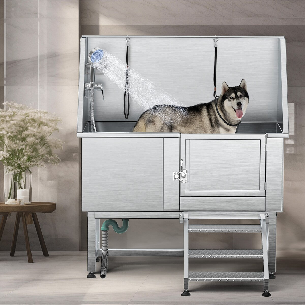 Baignoire de toilettage pour animaux de compagnie en acier inoxydable de 127 cm de large, réglable, avec rampe d'accès.