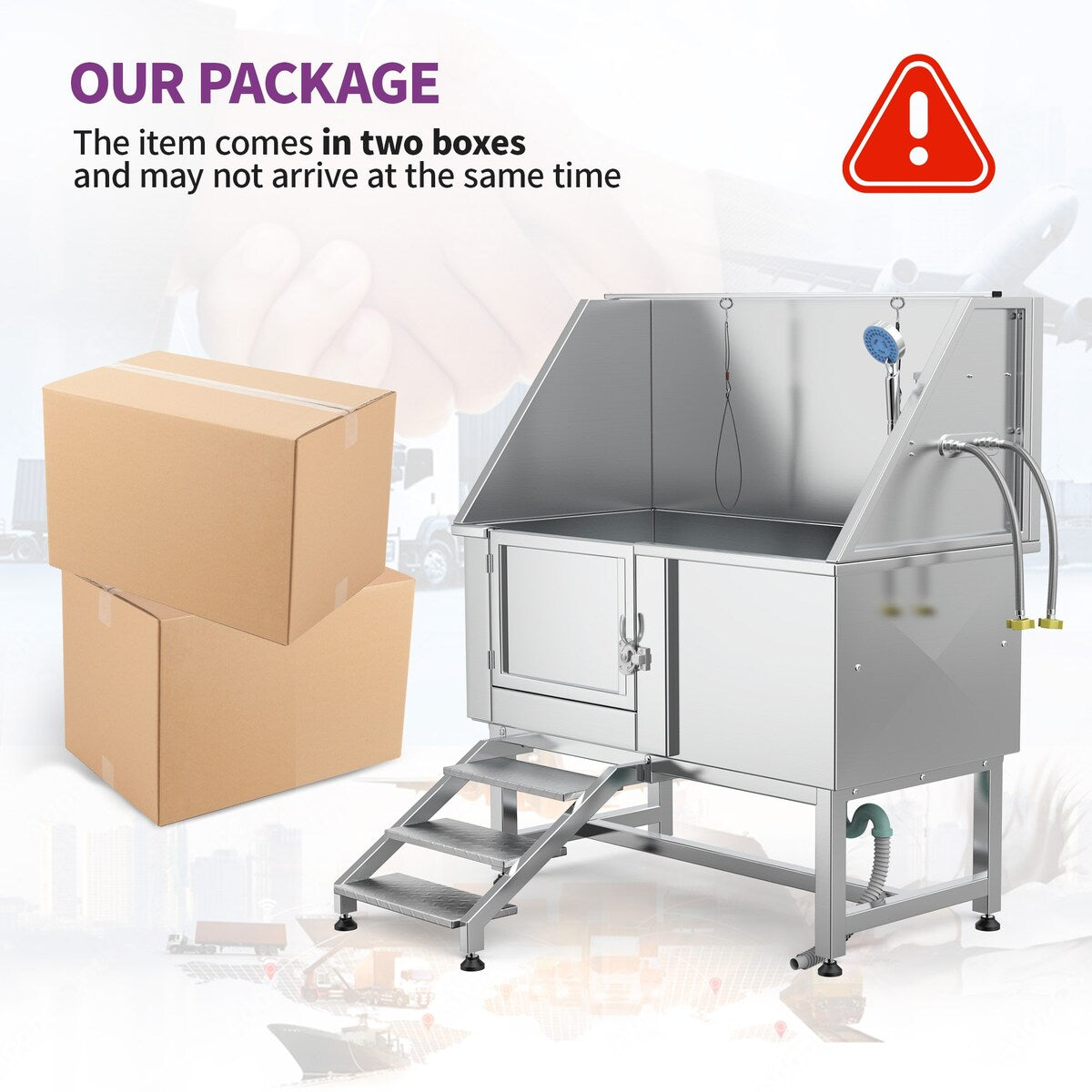 Baignoire de toilettage pour animaux de compagnie en acier inoxydable de 127 cm de large, réglable, avec rampe d'accès.