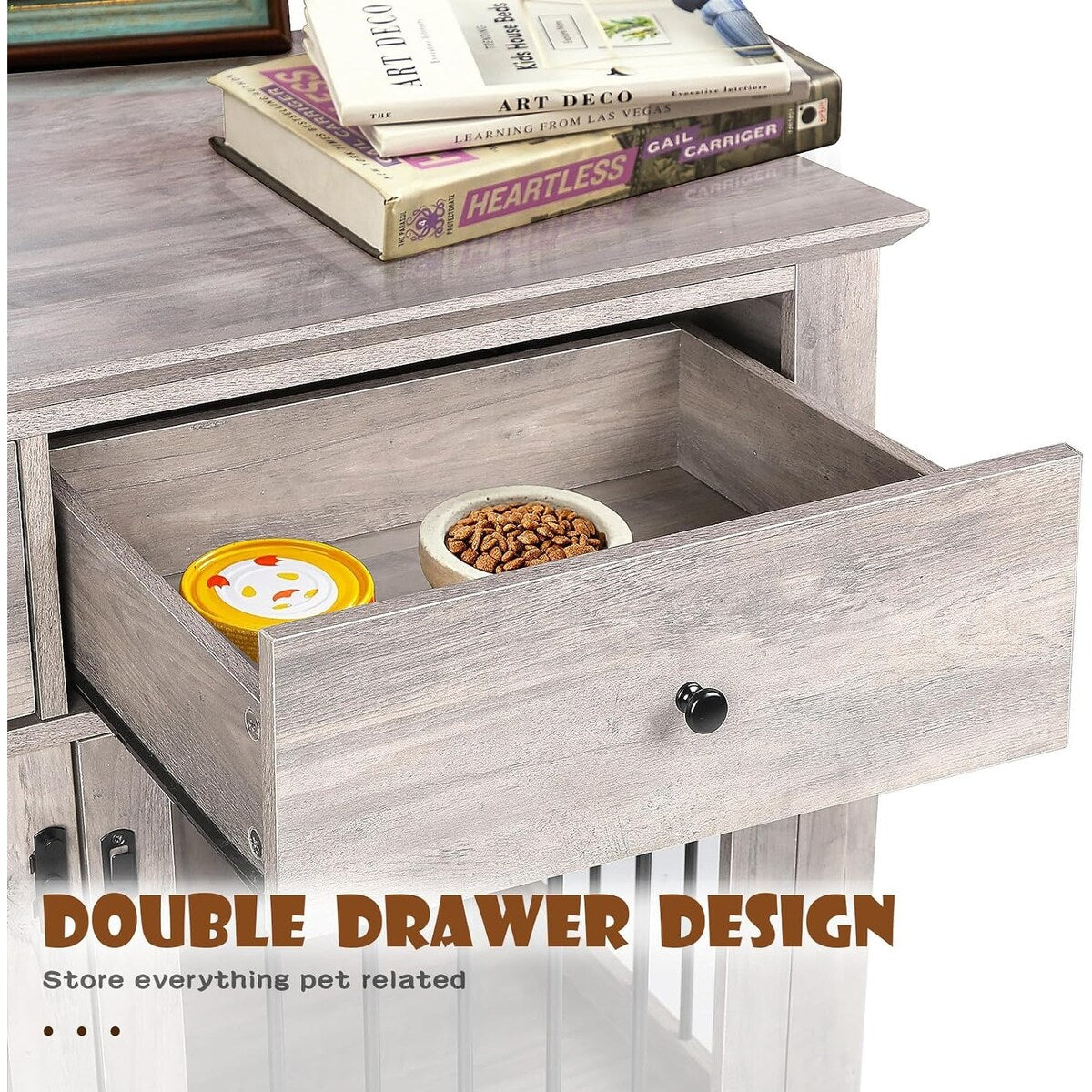 BOSSIN Meuble-cage pour chien de grande taille (112 cm), table de chevet en bois pour chenil avec tiroirs de rangement, cage décorative pour animaux de compagnie.