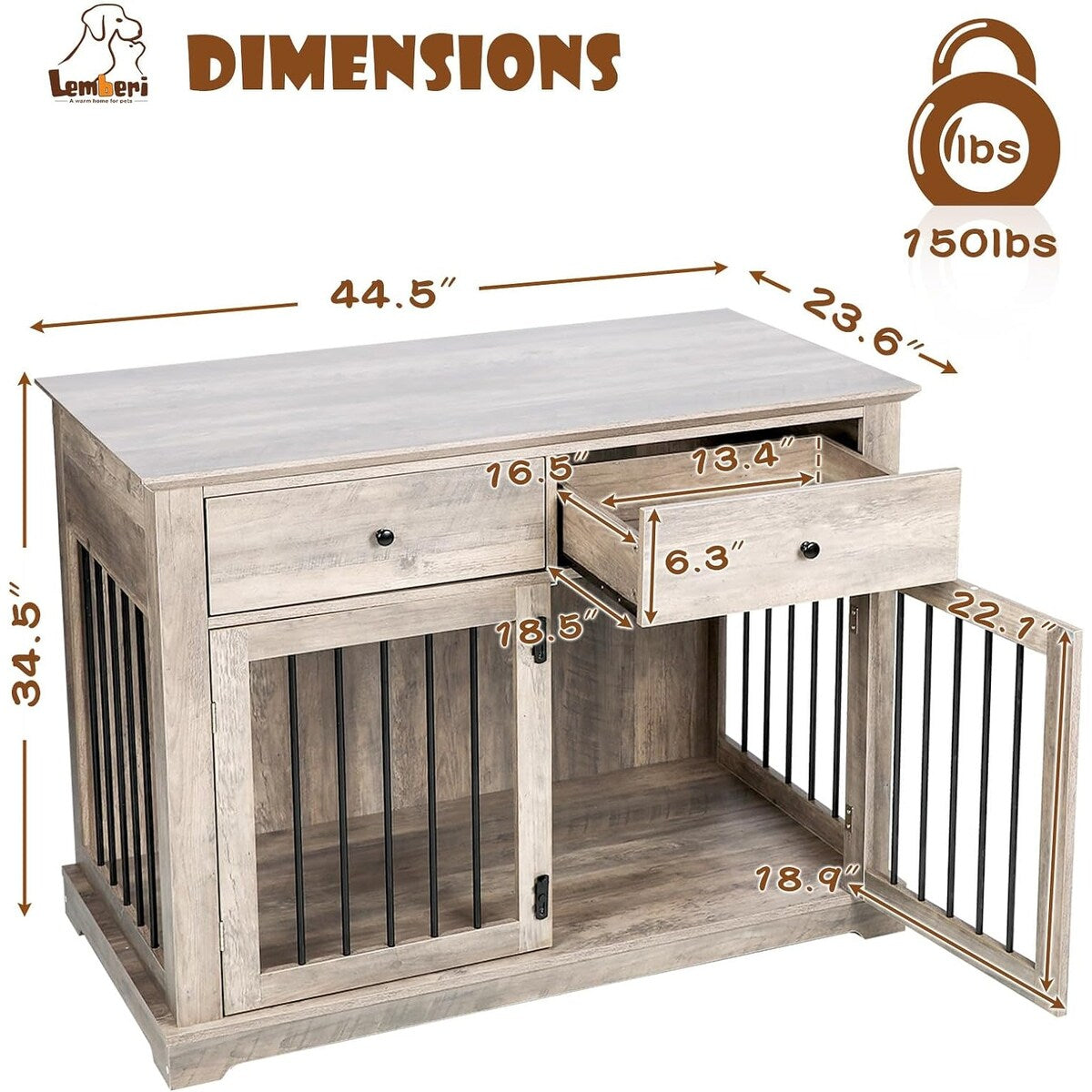 BOSSIN Meuble-cage pour chien de grande taille (112 cm), table de chevet en bois pour chenil avec tiroirs de rangement, cage décorative pour animaux de compagnie.