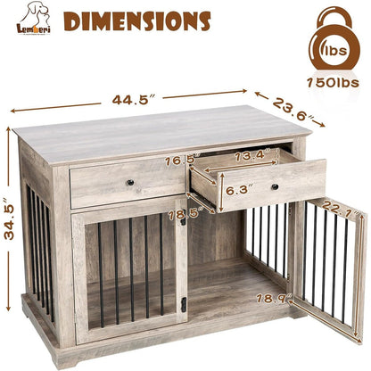 BOSSIN Meuble-cage pour chien de grande taille (112 cm), table de chevet en bois pour chenil avec tiroirs de rangement, cage décorative pour animaux de compagnie.