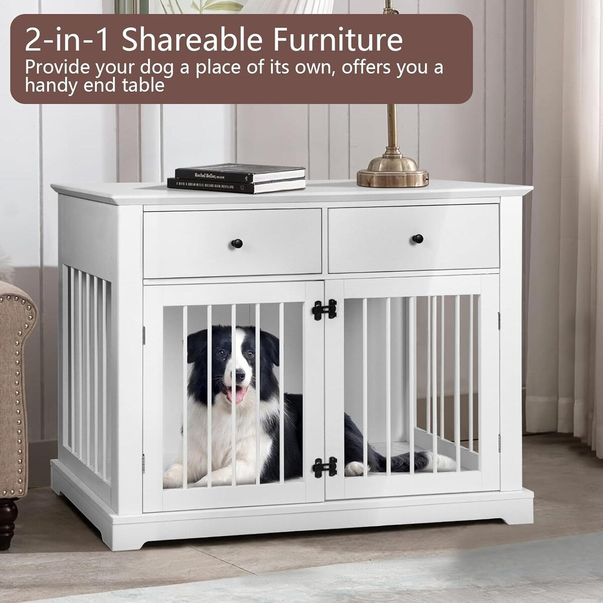 BOSSIN Meuble-cage pour chien de grande taille (112 cm), table de chevet en bois pour chenil avec tiroirs de rangement, cage décorative pour animaux de compagnie.