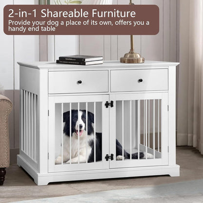 BOSSIN Meuble-cage pour chien de grande taille (112 cm), table de chevet en bois pour chenil avec tiroirs de rangement, cage décorative pour animaux de compagnie.