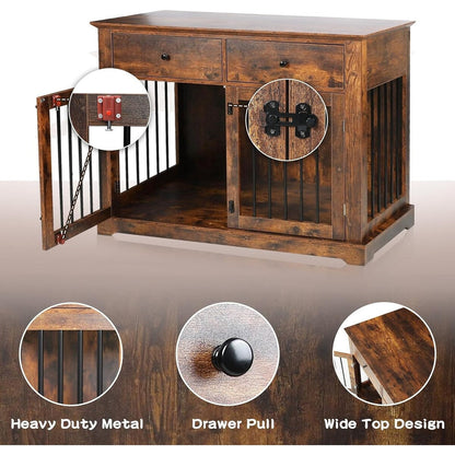 BOSSIN Meuble-cage pour chien de grande taille (112 cm), table de chevet en bois pour chenil avec tiroirs de rangement, cage décorative pour animaux de compagnie.