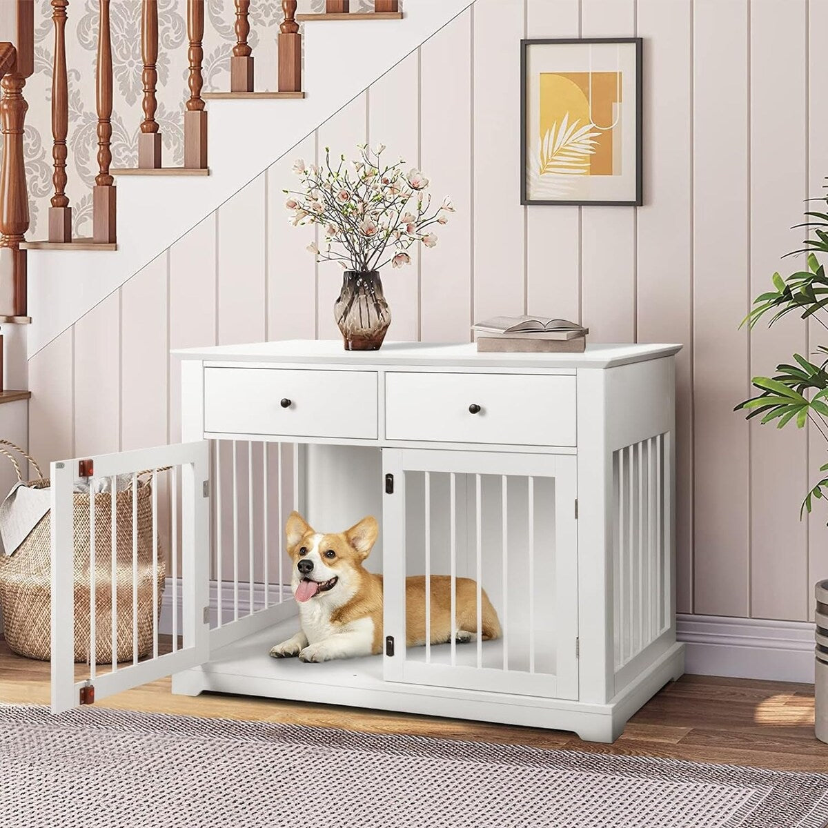 BOSSIN Meuble-cage pour chien de grande taille (112 cm), table de chevet en bois pour chenil avec tiroirs de rangement, cage décorative pour animaux de compagnie.