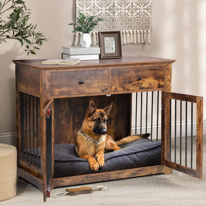 BOSSIN Meuble-cage pour chien de grande taille (112 cm), table de chevet en bois pour chenil avec tiroirs de rangement, cage décorative pour animaux de compagnie.