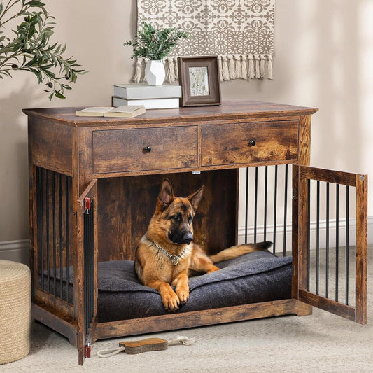 BOSSIN Meuble-cage pour chien de grande taille (112 cm), table de chevet en bois pour chenil avec tiroirs de rangement, cage décorative pour animaux de compagnie.