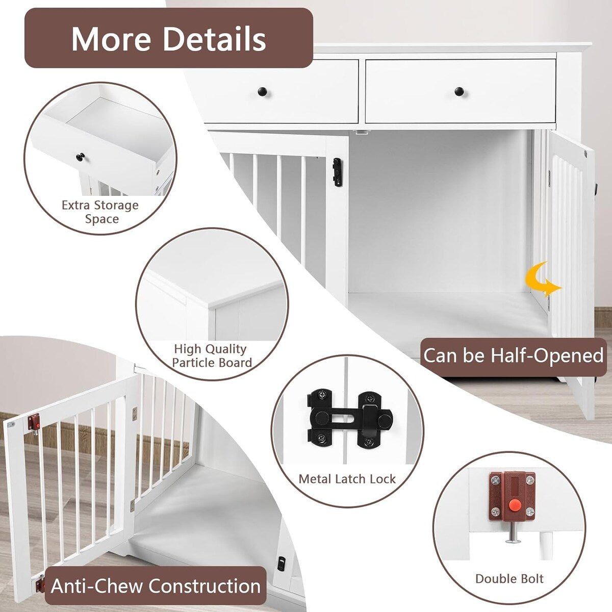 BOSSIN Meuble-cage pour chien de grande taille (112 cm), table de chevet en bois pour chenil avec tiroirs de rangement, cage décorative pour animaux de compagnie.