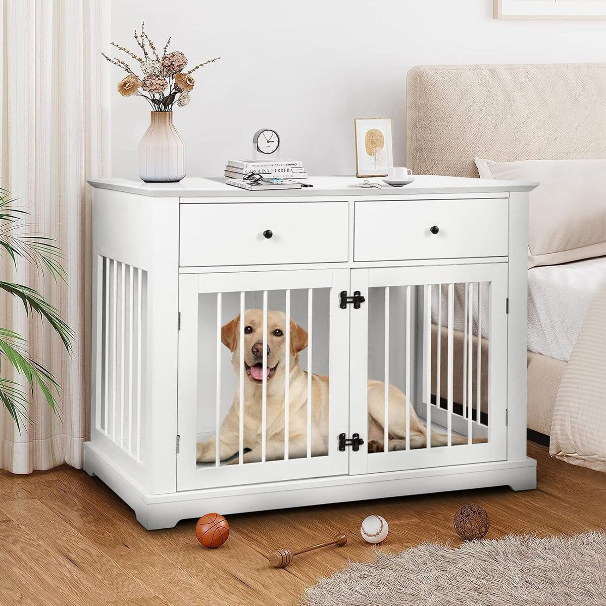 BOSSIN Meuble-cage pour chien de grande taille (112 cm), table de chevet en bois pour chenil avec tiroirs de rangement, cage décorative pour animaux de compagnie.