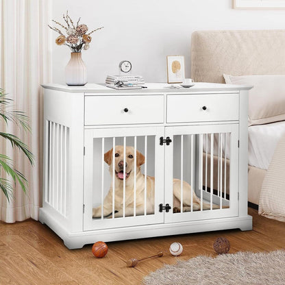BOSSIN Meuble-cage pour chien de grande taille (112 cm), table de chevet en bois pour chenil avec tiroirs de rangement, cage décorative pour animaux de compagnie.