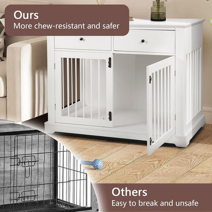 BOSSIN Meuble-cage pour chien de grande taille (112 cm), table de chevet en bois pour chenil avec tiroirs de rangement, cage décorative pour animaux de compagnie.