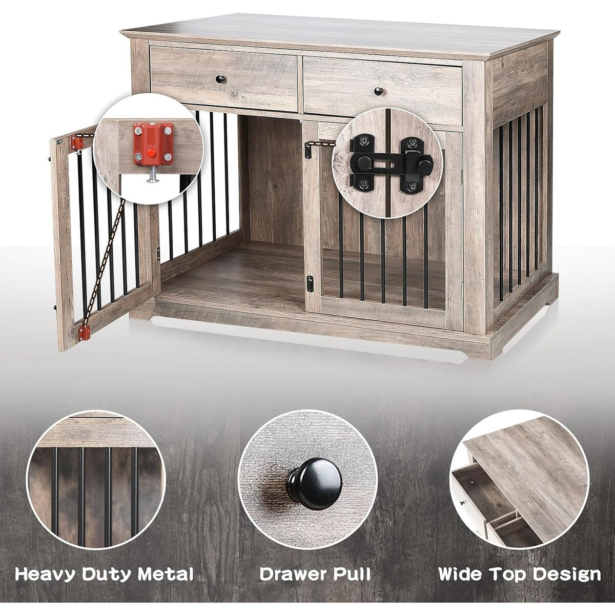 BOSSIN Meuble-cage pour chien de grande taille (112 cm), table de chevet en bois pour chenil avec tiroirs de rangement, cage décorative pour animaux de compagnie.