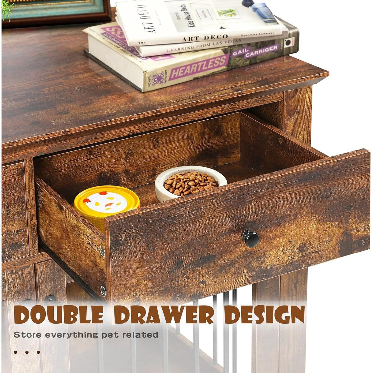 BOSSIN Meuble-cage pour chien de grande taille (112 cm), table de chevet en bois pour chenil avec tiroirs de rangement, cage décorative pour animaux de compagnie.