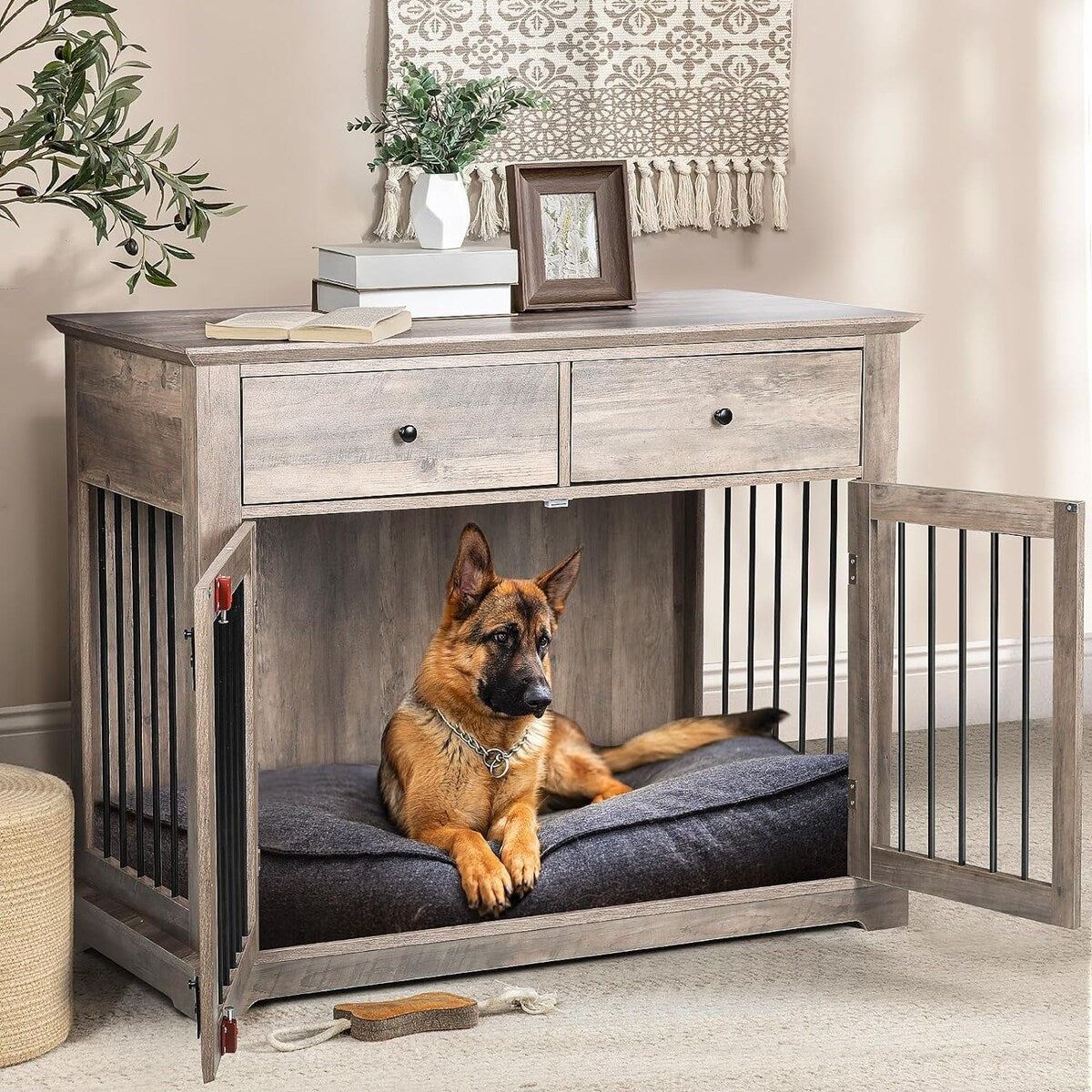 BOSSIN Meuble-cage pour chien de grande taille (112 cm), table de chevet en bois pour chenil avec tiroirs de rangement, cage décorative pour animaux de compagnie.