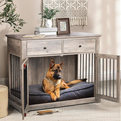 BOSSIN Meuble-cage pour chien de grande taille (112 cm), table de chevet en bois pour chenil avec tiroirs de rangement, cage décorative pour animaux de compagnie.