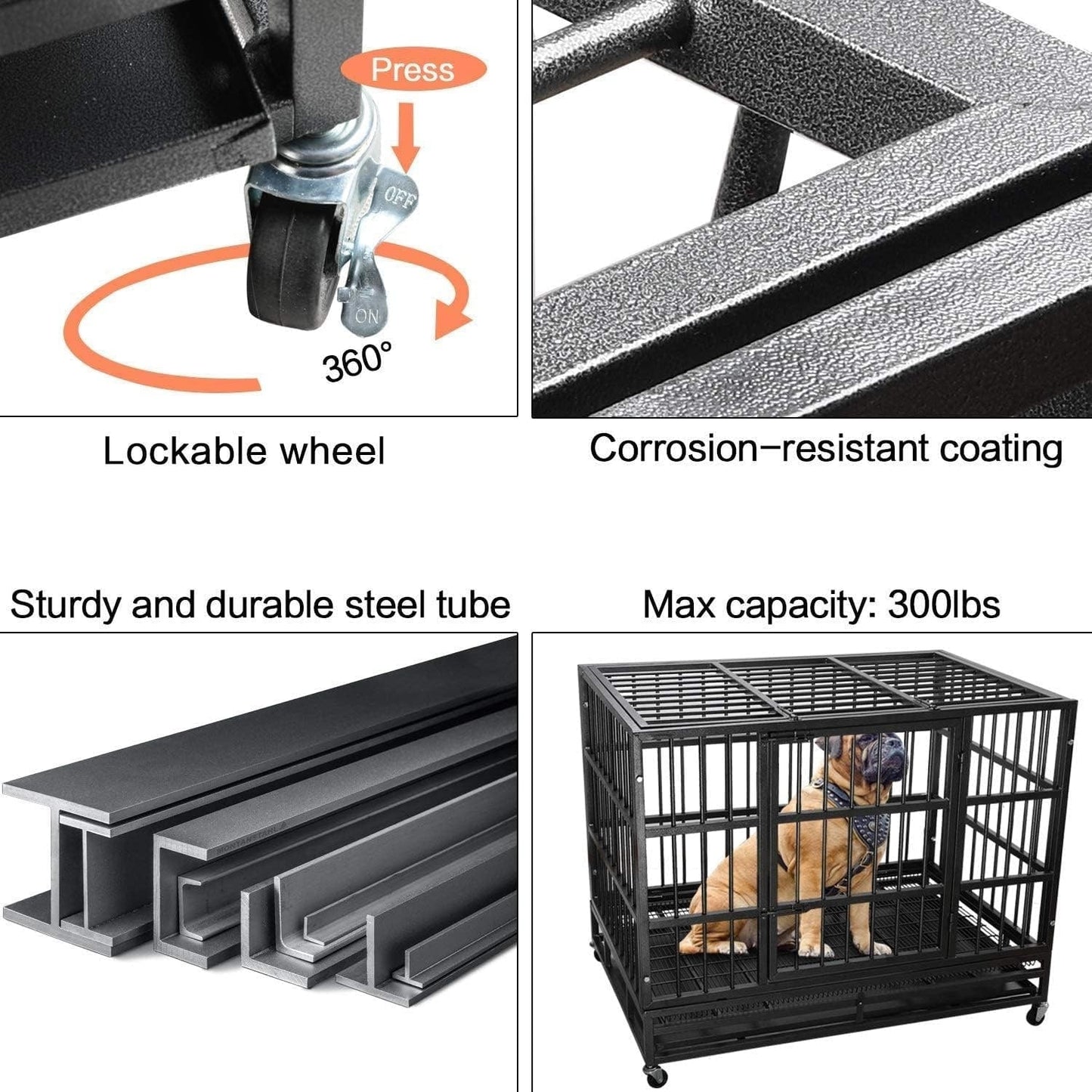 Cage pour chien BOSSIN 48/38 pouces, très résistante et indestructible, cage à chien anti-fuite avec roues verrouillables.