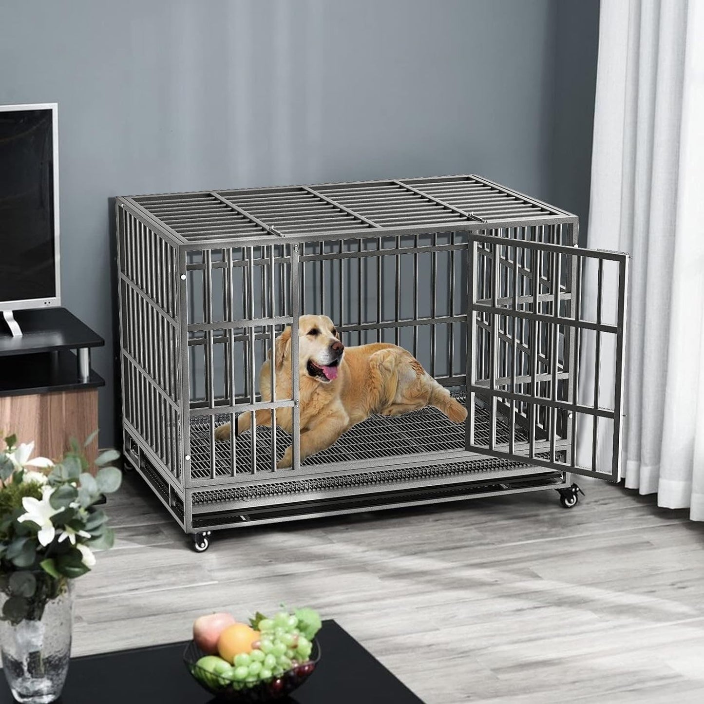 Cage pour chien BOSSIN 48/38 pouces, très résistante et indestructible, cage à chien anti-fuite avec roues verrouillables.