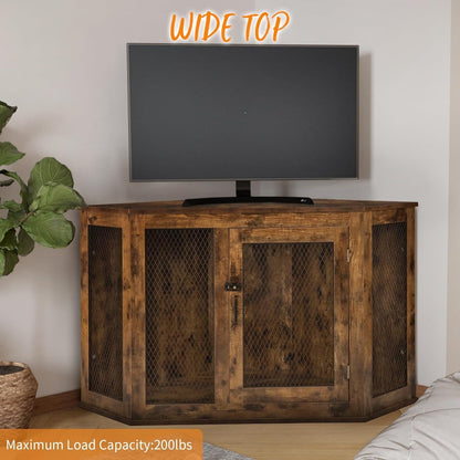 BOSSIN Meuble-côte pour chien d'angle, 112/132 cm (44/52 pouces) en bois avec grillage, cabane à chien décorative en bois pour usage intérieur.