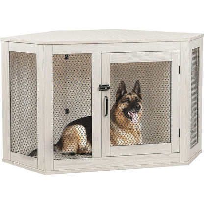 BOSSIN Meuble-côte pour chien d'angle, 112/132 cm (44/52 pouces) en bois avec grillage, cabane à chien décorative en bois pour usage intérieur.