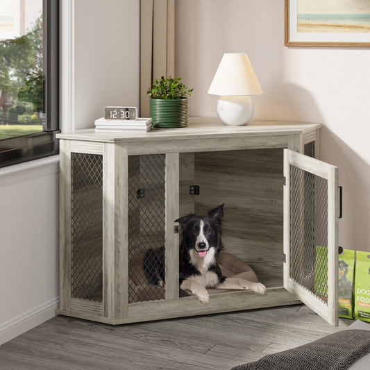 BOSSIN Meuble-côte pour chien d'angle, 112/132 cm (44/52 pouces) en bois avec grillage, cabane à chien décorative en bois pour usage intérieur.