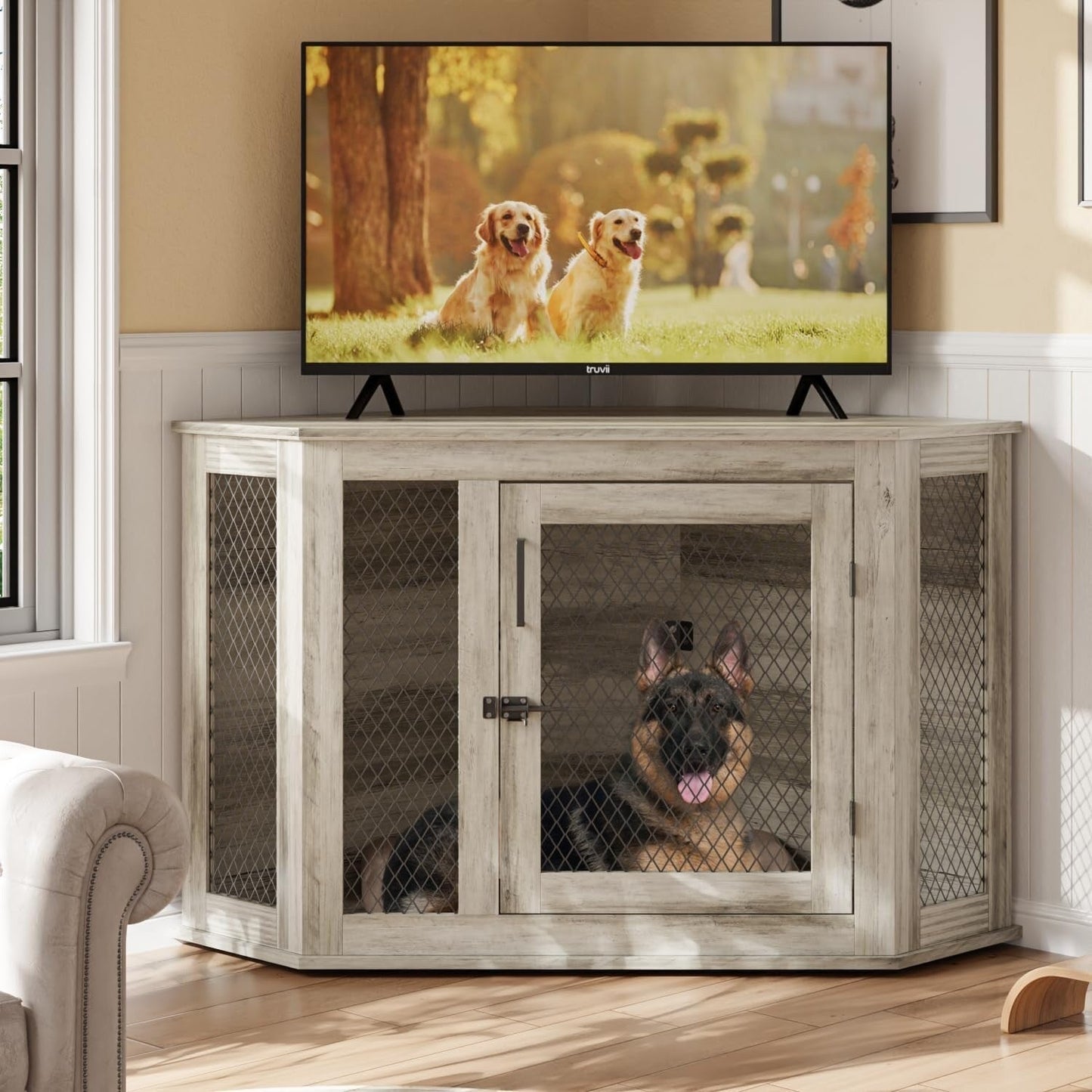 BOSSIN Meuble-côte pour chien d'angle, 112/132 cm (44/52 pouces) en bois avec grillage, cabane à chien décorative en bois pour usage intérieur.