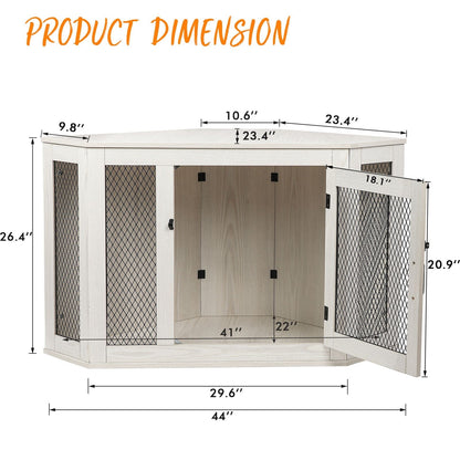 BOSSIN Meuble-côte pour chien d'angle, 112/132 cm (44/52 pouces) en bois avec grillage, cabane à chien décorative en bois pour usage intérieur.
