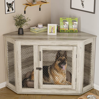 BOSSIN Meuble-côte pour chien d'angle, 112/132 cm (44/52 pouces) en bois avec grillage, cabane à chien décorative en bois pour usage intérieur.