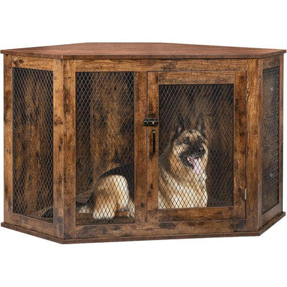 BOSSIN Meuble-côte pour chien d'angle, 112/132 cm (44/52 pouces) en bois avec grillage, cabane à chien décorative en bois pour usage intérieur.