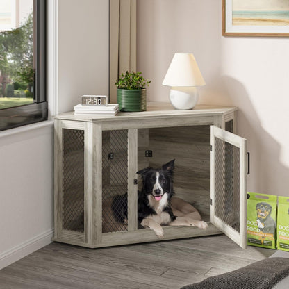 BOSSIN Meuble-côte pour chien d'angle, 112/132 cm (44/52 pouces) en bois avec grillage, cabane à chien décorative en bois pour usage intérieur.