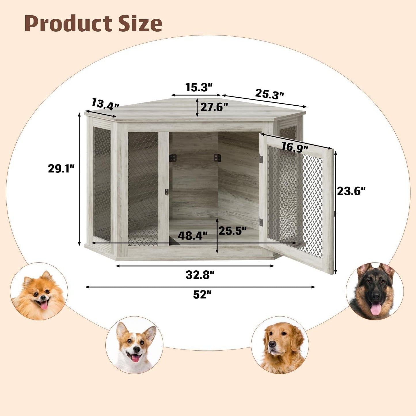 BOSSIN Meuble-côte pour chien d'angle, 112/132 cm (44/52 pouces) en bois avec grillage, cabane à chien décorative en bois pour usage intérieur.