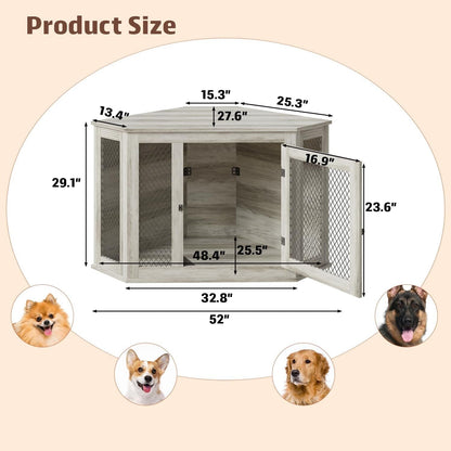 BOSSIN Meuble-côte pour chien d'angle, 112/132 cm (44/52 pouces) en bois avec grillage, cabane à chien décorative en bois pour usage intérieur.