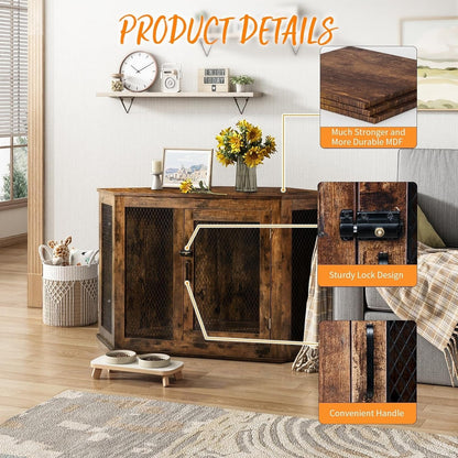 BOSSIN Meuble-côte pour chien d'angle, 112/132 cm (44/52 pouces) en bois avec grillage, cabane à chien décorative en bois pour usage intérieur.