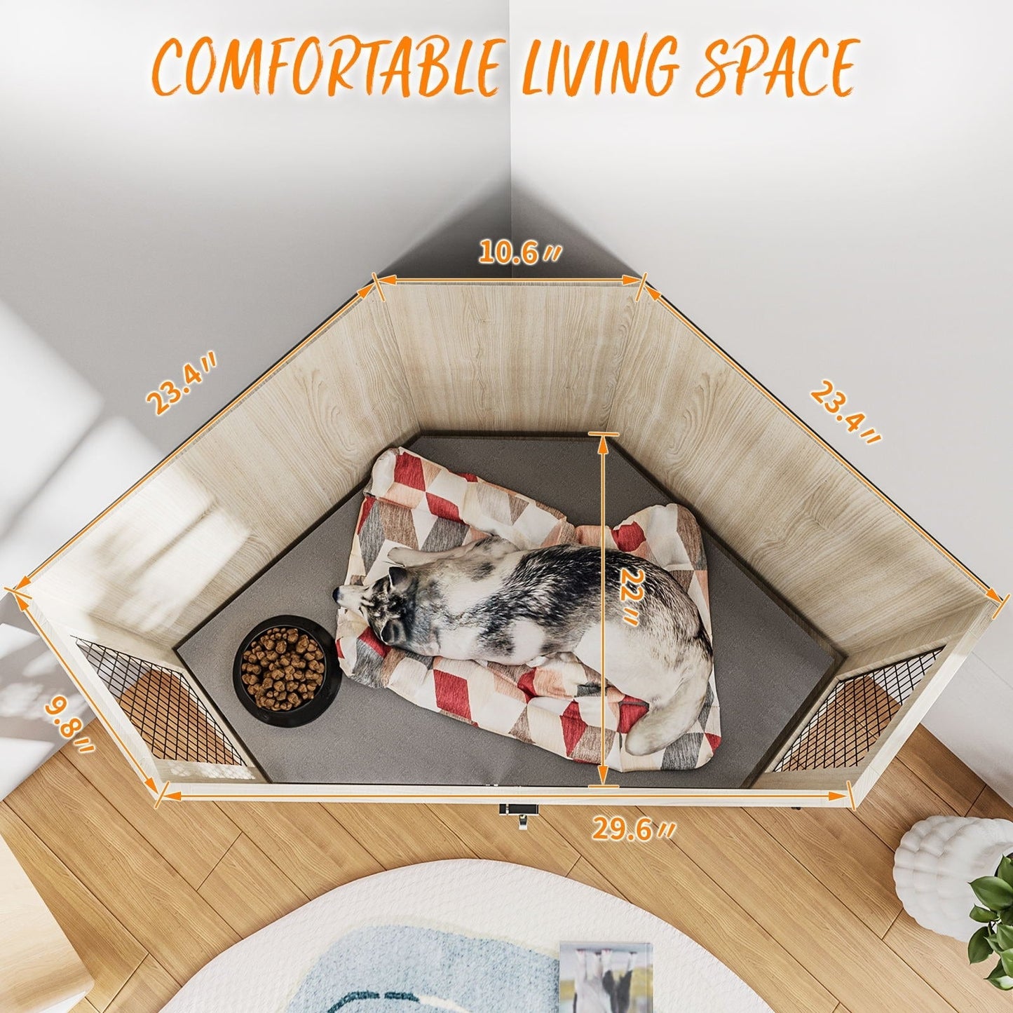 BOSSIN Meuble-côte pour chien d'angle, 112/132 cm (44/52 pouces) en bois avec grillage, cabane à chien décorative en bois pour usage intérieur.